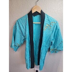 Vintage Anita Pan Turquoise Asian Style Kimono Robe Gold Calligraphy Black Trim